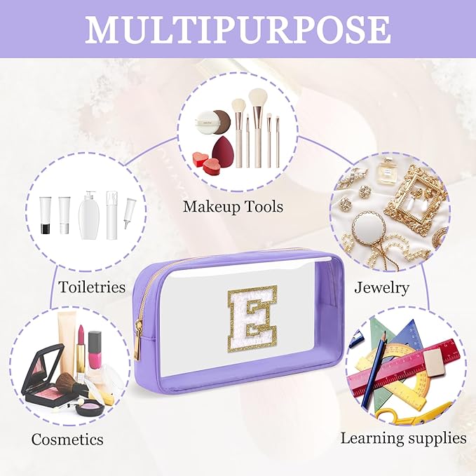 Small Clear Personalized Initial Makeup Bag,Nylon Preppy A-Z Chenille Letter Patch Cosmetic Pouch Beach Toiletry Bag,Waterproof Zip Travel Purse Storage Bag Organizer for Women Girls(Purple-White E)