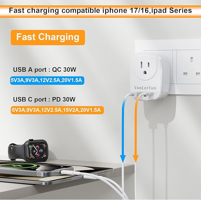 Type G-UK Plug Adapter, VooLerTun Dubai England Travel Adapter with 30W Fast Charge Power Adapter Dual Ports Cell Phone Camera, 1 American Outlet Adapter, US Converter for UK Travel,UK Power Adapter.