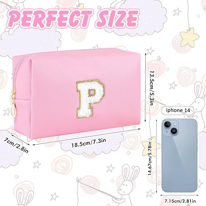 Initial Makeup Bag Personalized Preppy Travel Small Cosmetic Bag Cute PU Pink Chenille Letter Makeup Pouch for Purse Waterproof Zippered Toiletry Organizer for Women Girls Kids Friends (P)