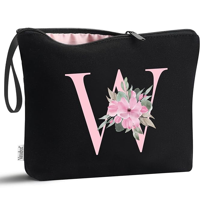 Vavabox A-Z Personalized Makeup Bag, Birthday Gifts for Women Mom, Gifts for Best Friend, Bride Bridesmaid Cosmetic bag (W, Black)