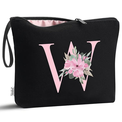 Vavabox A-Z Personalized Makeup Bag, Birthday Gifts for Women Mom, Gifts for Best Friend, Bride Bridesmaid Cosmetic bag (W, Black)
