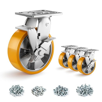 6 Inch Heavy Duty Casters Set of 4, Industrial Locking Casters 6000lbs Load Capacity, Plate Swivel Castor Wheels for Heavy Duty Carts, Workbench, Equipment, Platform Truck (Orange)
