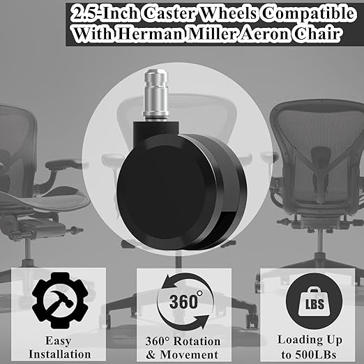 Office Chair Caster Wheels Replacement, 2.36"(60mm) Casters Replacement for Herman Miller Aeron Chair, Universal Size for Carpet and Hardwood Floors(Set of 5)