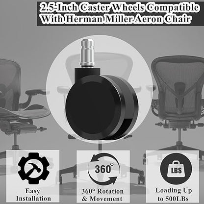 Office Chair Caster Wheels Replacement, 2.36"(60mm) Casters Replacement for Herman Miller Aeron Chair, Universal Size for Carpet and Hardwood Floors(Set of 5)