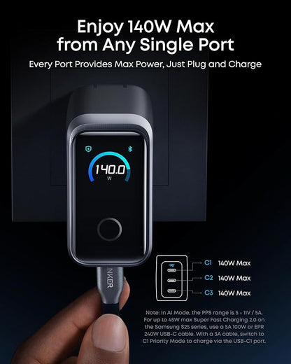 Anker Prime Charger, 160W 3-Port Compact USB C GaN Charger Block, Smart Display and Touch Control, 140W Max Charging via Any Single Port, for MacBook, Laptop, iPhone 17/16/15 Series, iPad(Non-Battery)