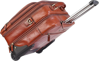 Genuine Leather Wheeled Laptop Briefcase – Tan Rolling Cabin Flight Pilot Bag for Men – 29L Travel Carry-On Case with Adjustable Strap, Trolley Wheels, and Antique Brass Hardware