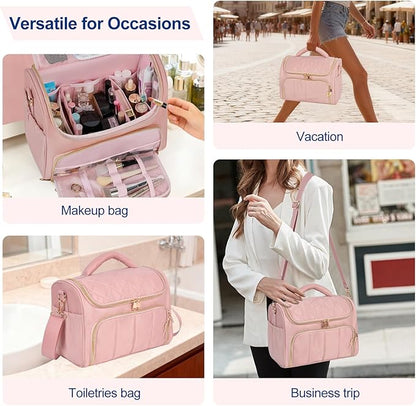 Travel Toiletry Bag Large Cosmetic Makeup Bag Organizer for Women,Wide-open Make Up Bag Waterproof Makeup Case Travel Bag with Handle and Dividers for Toiletries,Essentials,Accessories,Dark Pink
