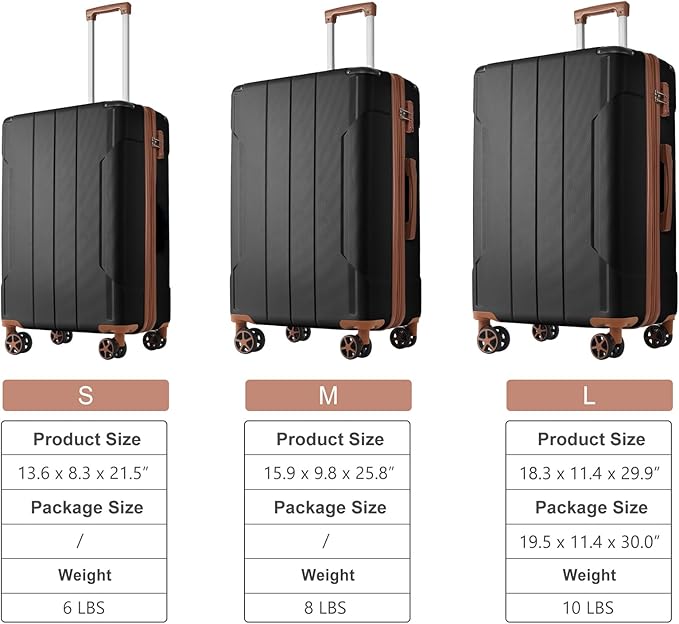 Merax Luggage Sets 3 Piece, Hardshell ABS Lightweight Durable Suitcases with Double Spinner Wheels, Black Brown, 20/24/28 Inch