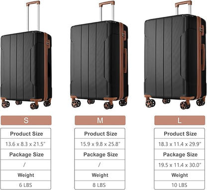 Merax Luggage Sets 3 Piece, Hardshell ABS Lightweight Durable Suitcases with Double Spinner Wheels, Black Brown, 20/24/28 Inch