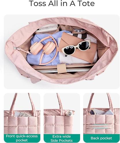 BAGSMART Expandable Tote Bag for Women, Puffer Work Tote Handbag, Quilted Carry On Bag for Travel Gym