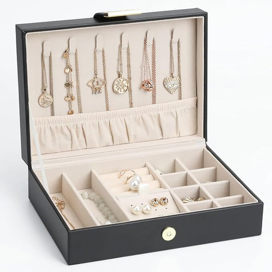 Leather Strap Closure Jewelry Box Single Layer Organizer Case for Necklaces, Earrings, Rings, Compact for Travel & Home Storage Black