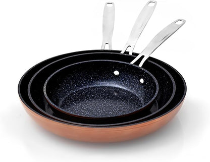 Nuwave 3-Piece Fry Pan Set, 8”, 10”, 12” Forged Lightweight, G10 Healthy Duralon Blue Ceramic Ultra Non-Stick, Induction-Ready & Works on All Cooktops, Ergonomic Stay-Cool Handles