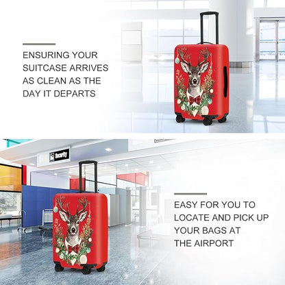 Reindeer Christmas Luggage Cover - Red Background with Wreath and Ornaments, Elegant Holiday Suitcase Protector for 24 26 Inch Travel