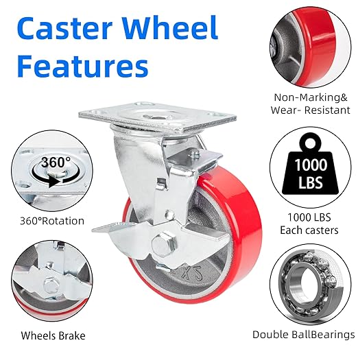 Nefish 5 Inch Industrial Casters Wheels, Heavy Duty Casters 2 Pack, No Noise Polyurethane Wheel on Steel Hub, 1000 Lbs Load Capacity Per Swivel Casters with Brake for Dollies, Platform Trucks