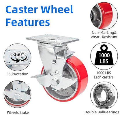 Nefish 5 Inch Industrial Casters Wheels, Heavy Duty Casters 2 Pack, No Noise Polyurethane Wheel on Steel Hub, 1000 Lbs Load Capacity Per Swivel Casters with Brake for Dollies, Platform Trucks