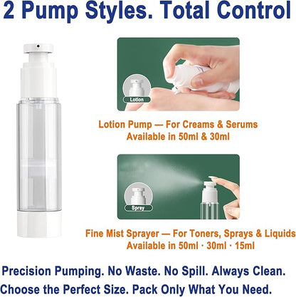 11 Pack Travel Airless Pump Bottle Set, Refillable Leakproof Toiletry Containers with Vacuum Bottles, Cream Jars, Funnel, Dropper, Label Stickers and Waterproof Zipper Bag, TSA Approved