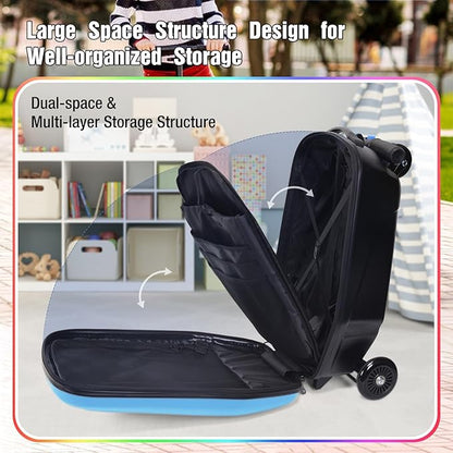 Apelila 20" Scooter Suitcase for Kids, 2-in-1 Ride On Luggage with Wheels for Boys & Girls Ages 4-15, Foldable Hardshell Carry On Lightweight Travel Suitcase for Airplane (Light Blue W/LED)