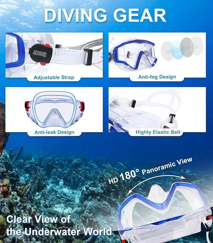 Aegend Snorkeling Gear for Adults Youth Kids, Dry Snorkel Set Panoramic View Enhanced Anti-Leak and Anti-Fog Technology, Adjustable Strap for Snorkeling Scuba Diving Swimming with Mesh Bag