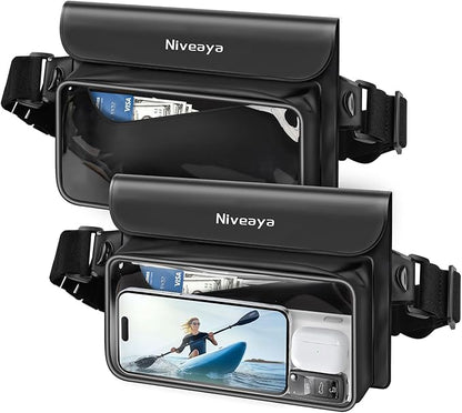 Niveaya IP68 Waterproof Fanny Pack - 2 Pack, Floating Dry Bag Pouch, Phone Waterproof Waist Pouch Dry Bag, Beach, Kayaking, Swimming, Boat Essentials, for iPhone 17/16/15/14/13/12 Pro Max up to 9.5"