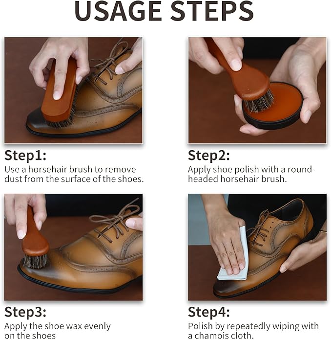 IKI Shoe Shine Polish Kit - 7PCS Leather Boot Care Kit with Black Brown Shoe Polish Horsehair Brush Cloth Shoe Horn for Men