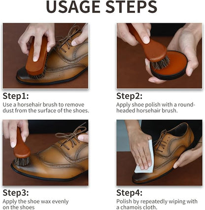 IKI Shoe Shine Polish Kit - 7PCS Leather Boot Care Kit with Black Brown Shoe Polish Horsehair Brush Cloth Shoe Horn for Men