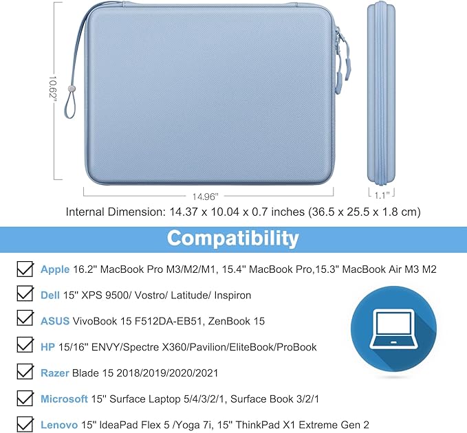 FINPAC Hard Laptop Sleeve Case for 15.3 inch MacBook Air M4 A3241 M3 A3114 M2 A2941 2025 2024, 16.2 inch MacBook Pro M4/M3/M2/M1 Pro/Max, Waterproof Case for Surface Laptop/Book, Ice Blue