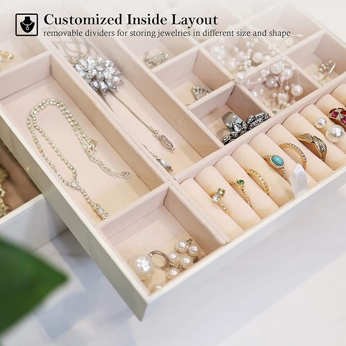 ProCase Jewelry Box for Women, 2 Layers Large Leather Jewelry Organizer Storage Case with Removable Pad for Earrings -White