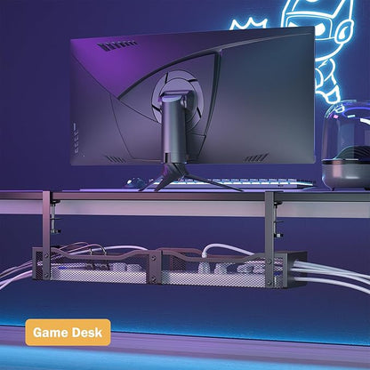 DELAMU 25'' Upgraded Under Desk Cable Management, No Dill Desk Cable Management with F-Clamp, Metal Cable Management Tray to Cord Organizer for Home Office, 1 Pack, Black