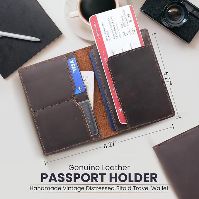 Leather Passport Holder with Travel Wallet, Genuine Leather Passport Cover- Passport Wallet, Leather Folding Wallet for Passports (Straight Cut, Dark Brown)