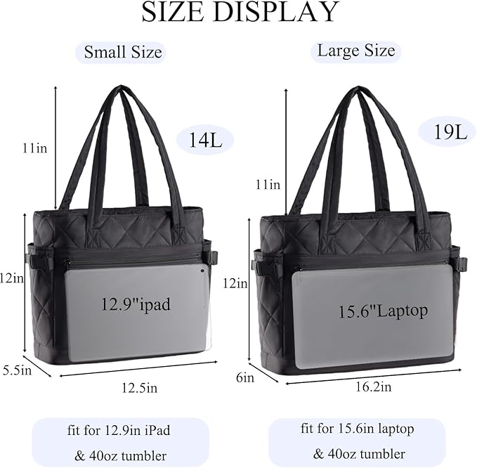 Puffer Tote Bag for Women, Work Bag with Cup Holder, Teacher Bag with Compartments, Quilted Tote Bag with Zipper for Travel