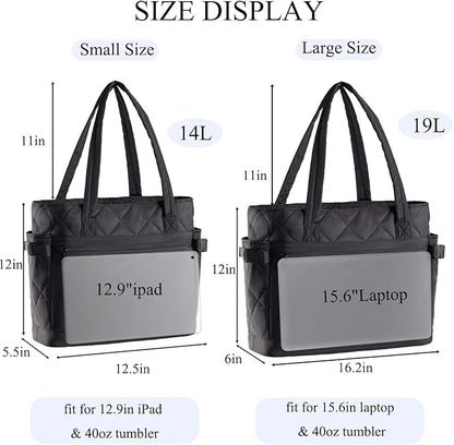Puffer Tote Bag for Women, Work Bag with Cup Holder, Teacher Bag with Compartments, Quilted Tote Bag with Zipper for Travel