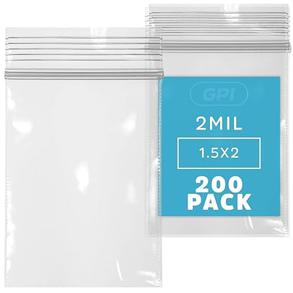 Clear Plastic Resealable Zip Bags - Bulk GPI Pack Of 200 1.5" x 2" 2 Mil Thick Strong & Durable Poly Baggies with Resealable Zip Top Lock for Travel, Storage, Packaging & Shipping.