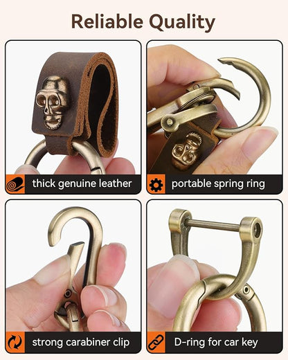 Teskyer Genuine Leather Keychain with Carabiner Clip and Key Ring, Vintage Key Chain Holder for Home/Car Keys