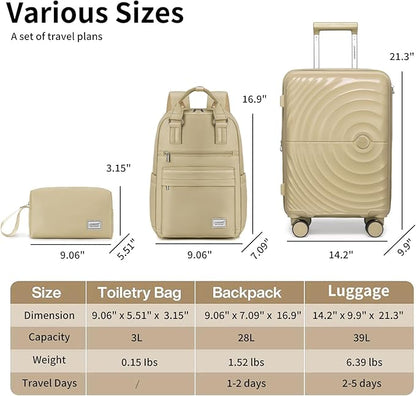 LARVENDER Carry On Luggage Set 22x14x9 Airline Approved, Expandable 20 Inch Carry-On Suitcases With Wheels, Lightweight Luggage Sets 3 Pieces With Backpack, Champagne