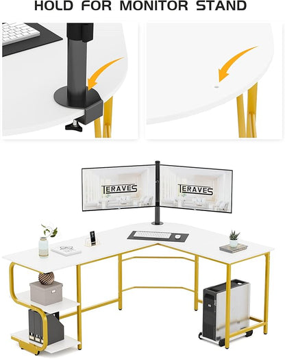 Teraves Reversible L Shaped Desk with Large Surface, 69 Inch Sturdy Corner Desk with Storage Shelves, Premium Office Computer Desk Workstation for Home Office Gaming