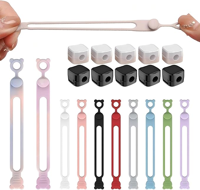 10 colors of silicone cable ties +10 data cable fixers, suitable for binding headphones, charging cables, curtains and umbrellas. It is a good gift for families, schools and offices