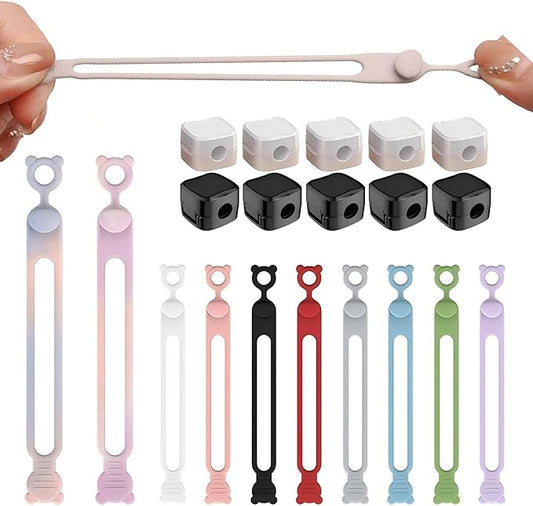 10 colors of silicone cable ties +10 data cable fixers, suitable for binding headphones, charging cables, curtains and umbrellas. It is a good gift for families, schools and offices