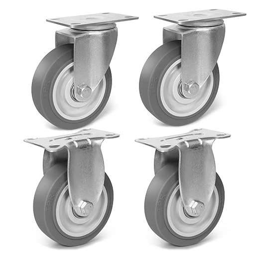 4 Inch Caster Wheels, Rubber Wheels Silent Castor- Set of 4 Heavy Duty Caster Wheels with Brake 1600Lbs, Industrial Plate Casters Wheels for Cart Furniture Workbench (2 Swivel & 2 Rigid)