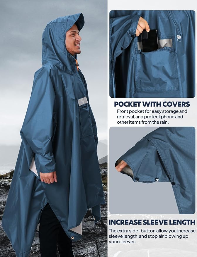 ANYOO Hooded Rain Poncho for Adults Waterproof Lightweight Rain Coat for Men Women Reusable Rain Jacket for Emergency Outdoor