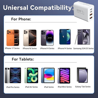 USB C Wall Fast Charger Block, 60W 4-Port Type C Charger Fast Charging Blocks +QC 3.0 USB C Multiport Charger Brick for Phone 16/15/14/13/12 Pro Max, Pad, Galaxy S24/23