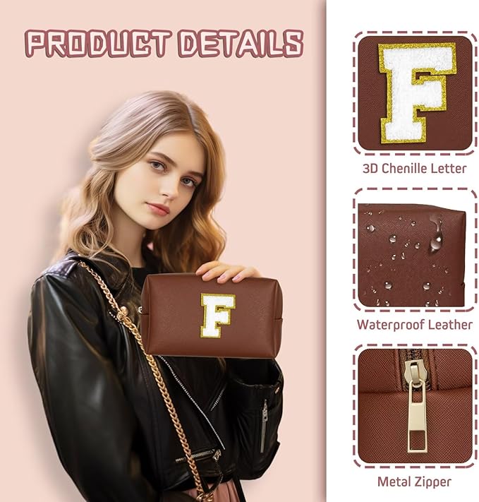 TOPEAST Cosmetic Travel Bags for Women, Preppy Small Makeup Bag, PU Leather Waterproof Toiletry Bag, Unique Friendship Gifts for Friends Coworker, Cute Stuff for Girls (Brown R)