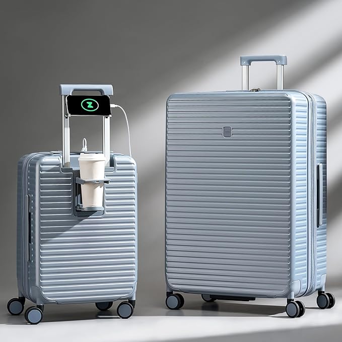 Hard Shell Suitcases Expandable Travel Luggage Sets 2 Piece, Carry on and Check in Luggage Lightweight Suitcase Set 2 Piece with Wheels Cup Holder Charger Built in (Bamboo Green, 20/28)