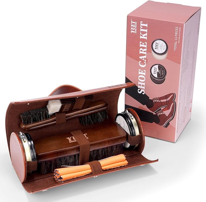 YUET 11PCS Professional Shoe Care Kit, Leather Shoe Shine Polish Brush Set for Boots, Dress Shoes - All-in-One Waterproofing & Cleaning w/Travel Case