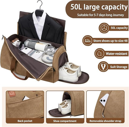 Convertible Garment Duffel Bag, Carry on Garment Bag for Travel Canvas Mens Suit Bag 2 in 1 Foldable Garment Bag with Shoulder Strap Weekender Bag with Shoe Pouch