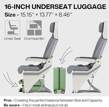 mixi Underseat Carry on Luggage 16 Inch Hardshell PC Suitcase with Spinner Wheels TSA Lock for Travel, Avocado Green