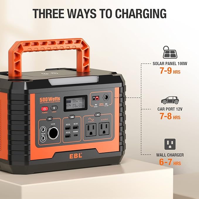 EBL Portable Power Station 500, 519.4Wh Outdoor Solar Generator with 110V/500W AC Outlet for Home Use, Emergency Backup, Camping