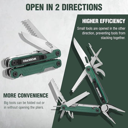 WORKPRO 18-in-1 Multi Tool Pliers, Gifts for Men, Stainless Steel EDC Multitool with Pocket Knife, 2 Safety Locks, Belt Clip and Oxford Pouch, Utility Multiuse Tool for Camping