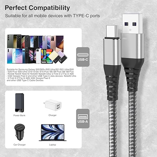 5Pack Short USB C Type C Cable 1FT,Nylon Braided Fast Charging 3A Quick Charger Cord,USB A to Type C Charger Cord Cable for iPhone 15 Samsung Galaxy S20 S10 S9 S8 Plus S10E, Note 20 10 9 8, Moto G7 G8