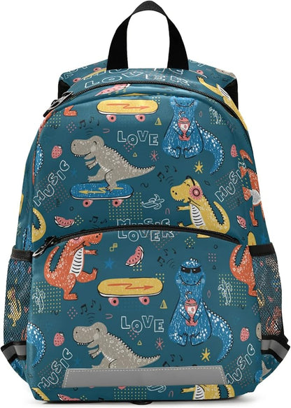 Cute Dinosaurs skateboard Kid's Toddler Backpack for Boys Girls Preschool Nursery with Safety Leash (011410)