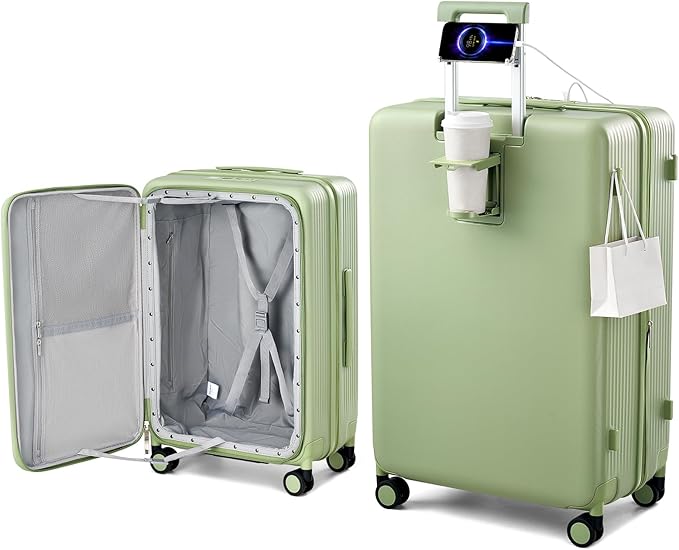 Hanke Expandable 28 Inch Luggage with Spinner Wheels Top Opening Travel Luggage Hard Shell Rolling Suitcases Large Lightweight Checked Luggage with Cup Holder(Bamboo Green)